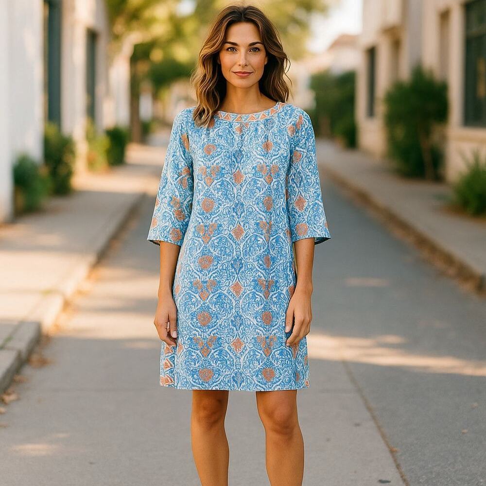 Gretchen Scott Designs Blue and Tan Mini Dress
